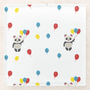Panda bear with balloons white glass coaster