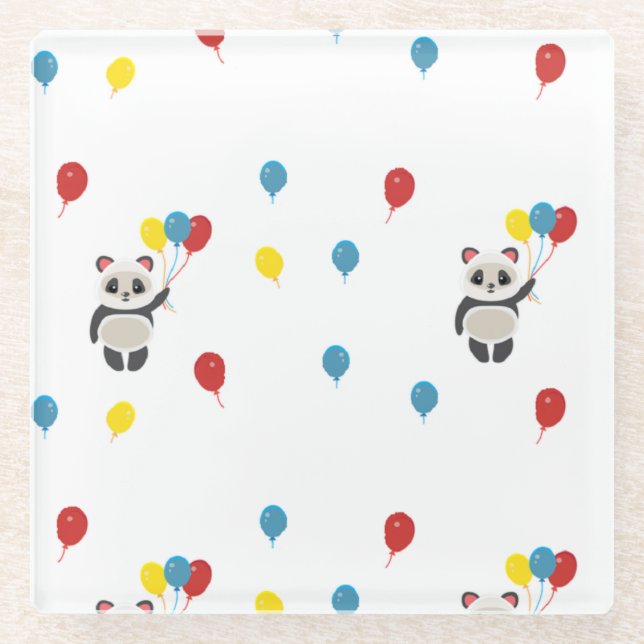 Panda bear with balloons white glass coaster (Front)