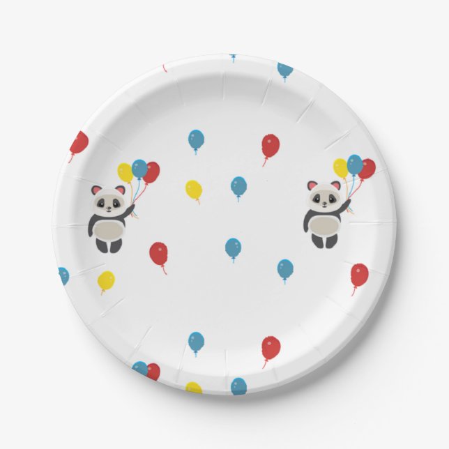 Panda bear with balloons white paper plate (Front)