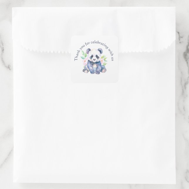 Panda bear with flowers Thank you Square Sticker (Bag)