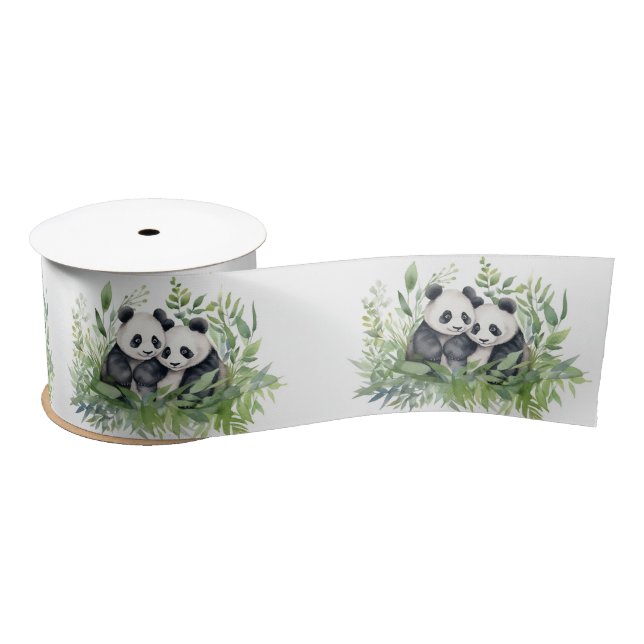 Panda Bears In Bamboo Leaves Satin Ribbon (Spool)