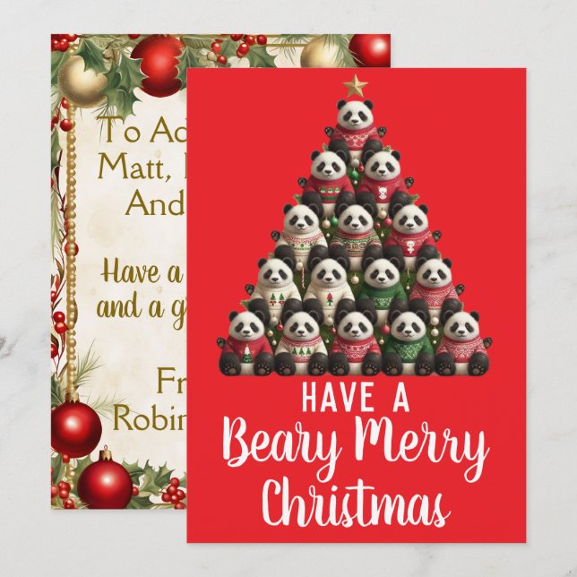 Panda Beary Merry Christmas Tree Holiday Card (Front/Back)