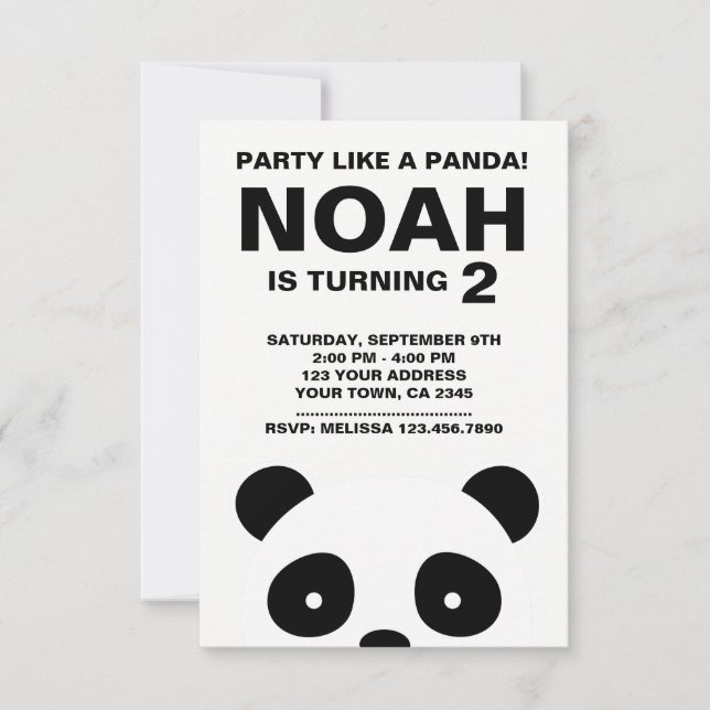 Panda Birthday Invitation, Black and White Party Invitation (Front)