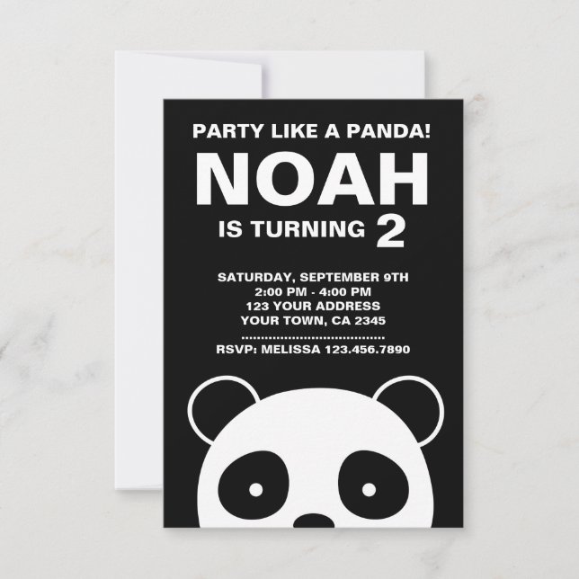 Panda Birthday Invitation, Black and White Party Invitation (Front)