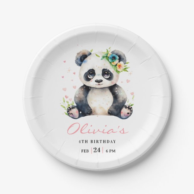 Panda Birthday Invitation, Panda Girl Birthday  Paper Plate (Front)