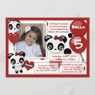Panda birthday invitation red black (photo)