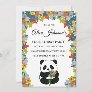 Panda Birthday Invite, Flower Panda Birthday Invitation