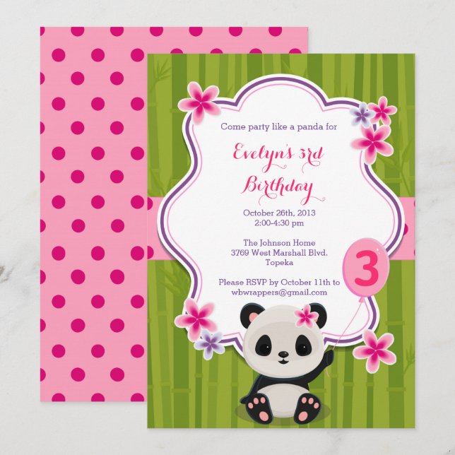 Panda Birthday Party Invitation - Pink and Purple (Front/Back)