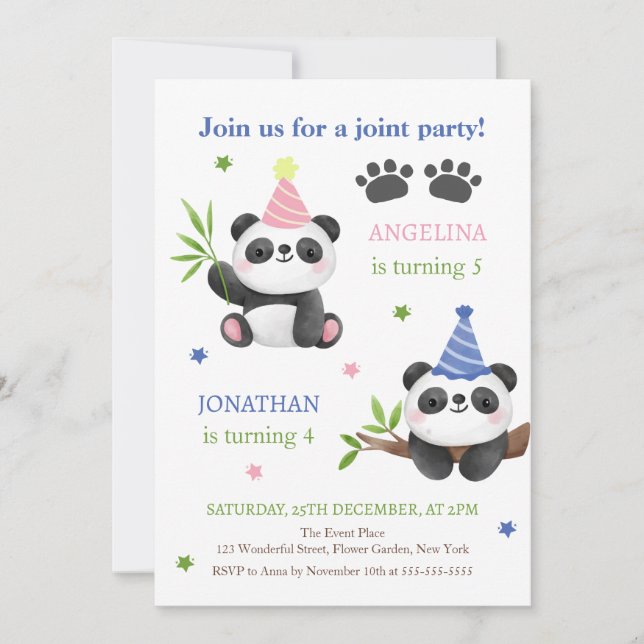 Panda Boy and Girl Joint Birthday  Invitation (Front)