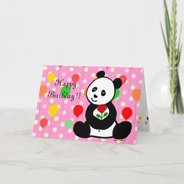 Panda Cartoon and A Heart Flower Birthday Card (Front)