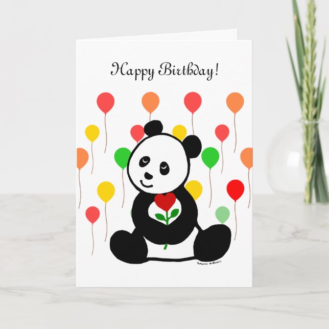 Panda Cartoon and A Heart Flower Birthday Card (Front)
