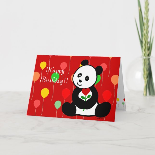 Panda Cartoon and A Heart Flower Birthday Card (Front)