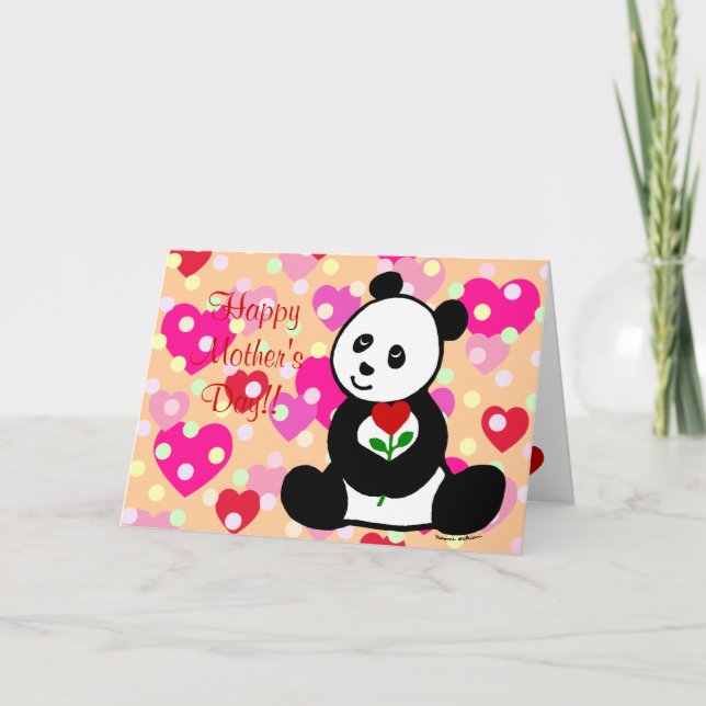 Panda Cartoon and A Heart Flower Mum Card (Front)