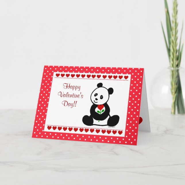 Panda Cartoon and A Heart Flower Valentine Holiday Card (Front)