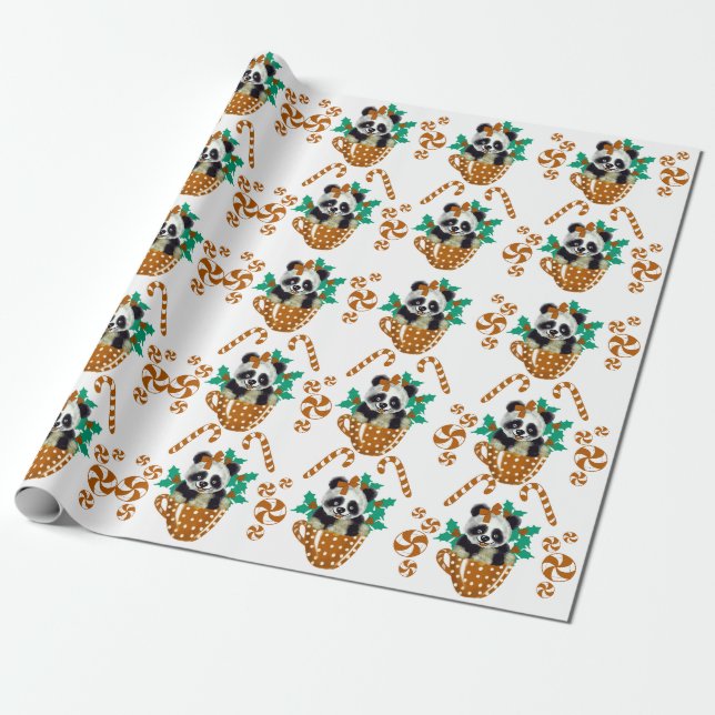Panda Christmas Brown wrapping paper  (Unrolled)