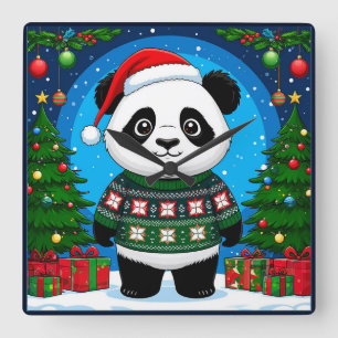 🐼 Panda Christmas Cheer Home Style 🎄 Square Wall Clock