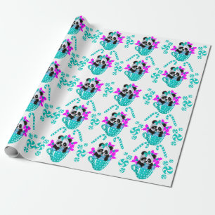 Panda Christmas Teal wrapping paper 