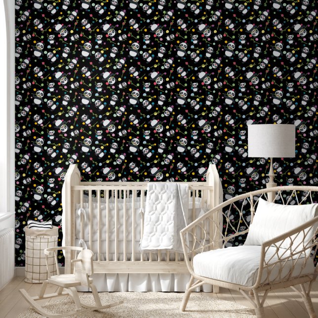 Panda colourful polka dot pattern black background wallpaper (Kids)