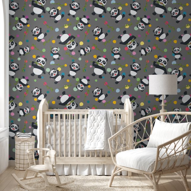 Panda colourful polka dot pattern grey background wallpaper (Kids)