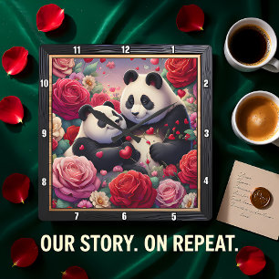 Panda Couple Rose Garden Square Wall Clock