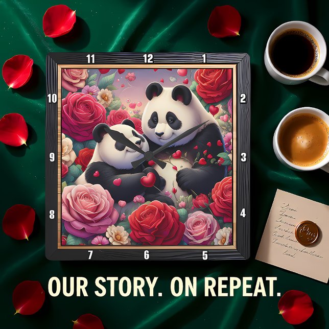 Panda Couple Rose Garden Square Wall Clock (Creator Uploaded)