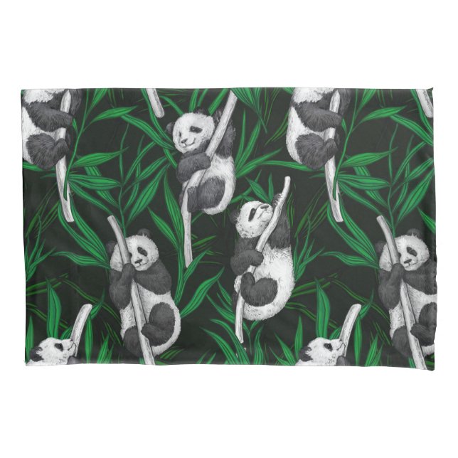 Panda cubs on dark green pillowcase (Front-Left)
