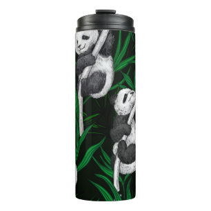 Panda cubs on dark green thermal tumbler