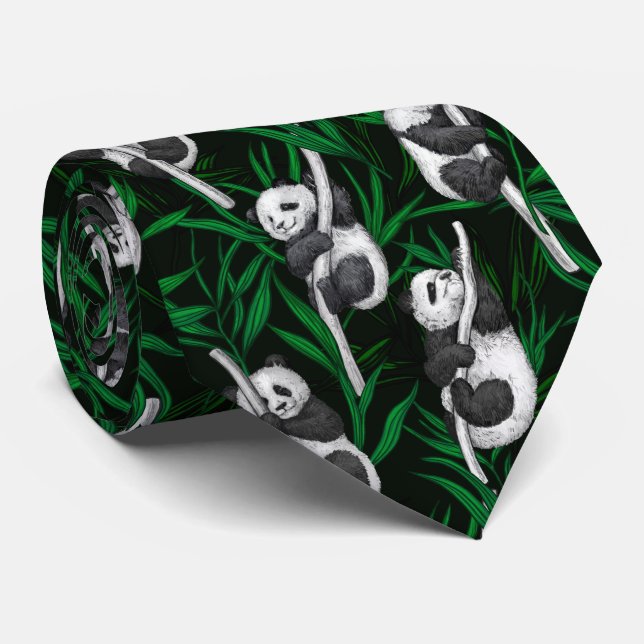 Panda cubs on dark green tie (Rolled)