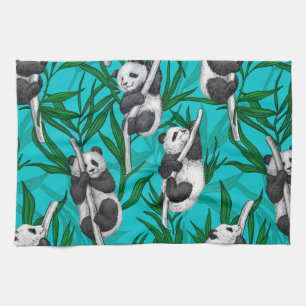 Panda cubs on turquoise tea towel