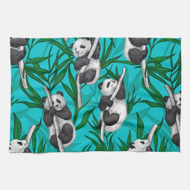 Panda cubs on turquoise tea towel (Horizontal)