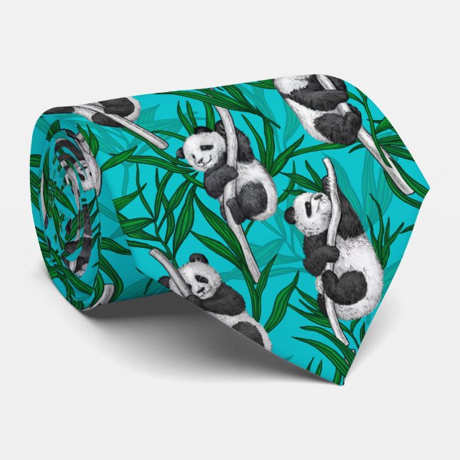 Panda cubs on turquoise tie (Rolled)