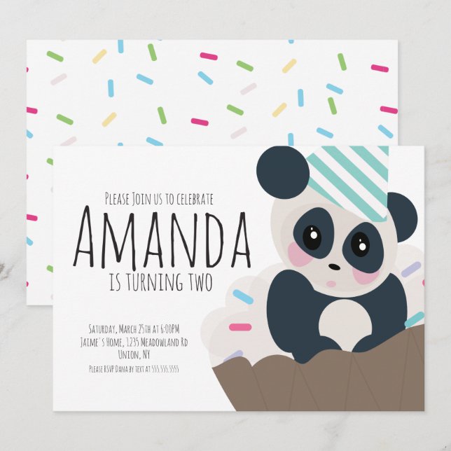 Panda Cupcake Sprinkles Birthday Any Age Invitatio Invitation (Front/Back)