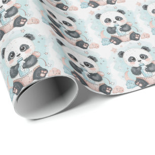 Panda Cute Baby Pastel Watercolor Pattern  Wrapping Paper