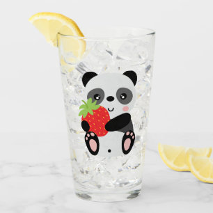 Panda cute with strawberry glass