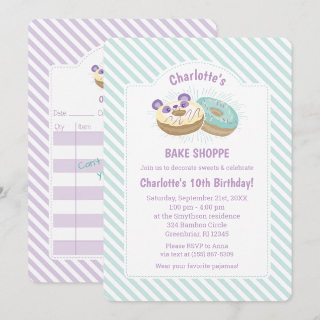 Panda Doughnut Purple and Green Bakery Birthday Invitation (Front/Back)