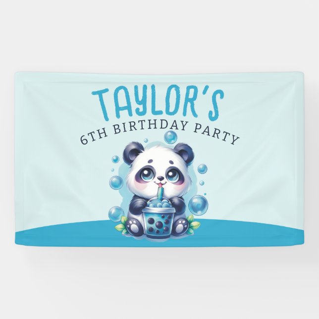 Panda Drinking Blue Boba Bubble Tea Birthday Party Banner (Horizontal)