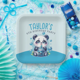 Panda Drinking Blue Boba Bubble Tea Birthday Party Paper Plate