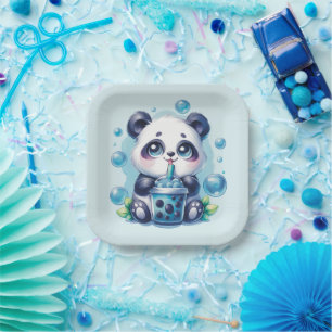 Panda Drinking Blue Boba Bubble Tea Paper Plate