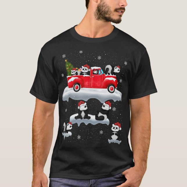 Panda Driving Christmas Tree Red Truck Panda Chris T-Shirt (Front)