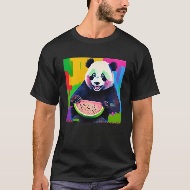 Panda eats a Water Melon Oil Painting T-Shirt (Front)