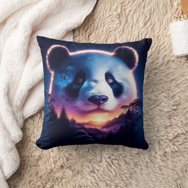 Panda Face with Surreal Forest and Sunset  Cushion (Blanket)