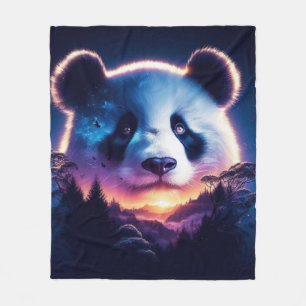 Panda Face with Surreal Forest and Sunset  Fleece Blanket