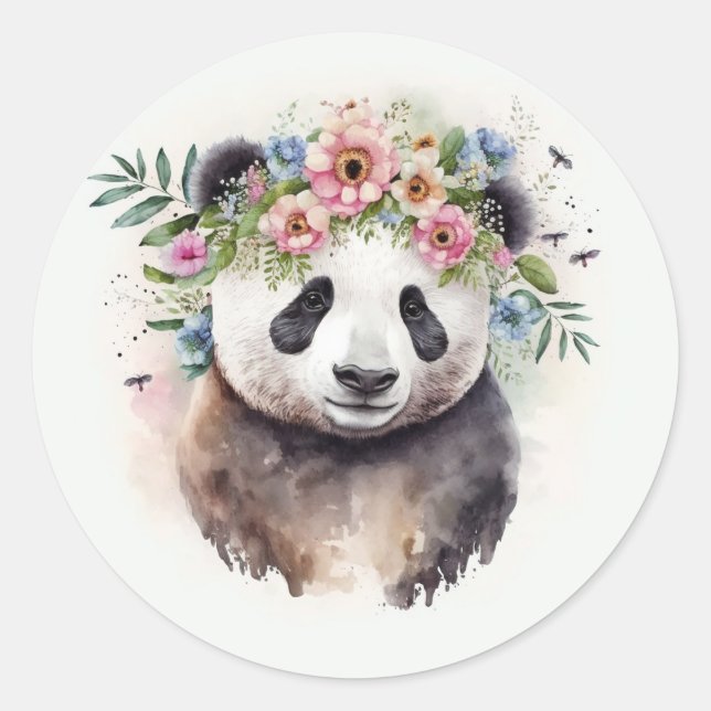 Panda Flowers Watercolor                      Classic Round Sticker (Front)