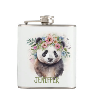 Panda Flowers Watercolor Hip Flask