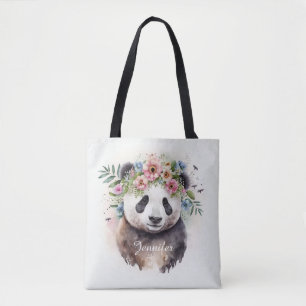 Panda Flowers Watercolor Tote Bag