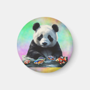 Panda Gazes at Colorful Group of Fish Swimming Magnet