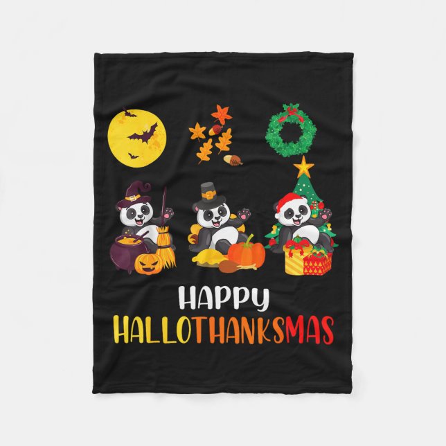 Panda Halloween Christmas Happy Hallothanksmas Pan Fleece Blanket (Front)