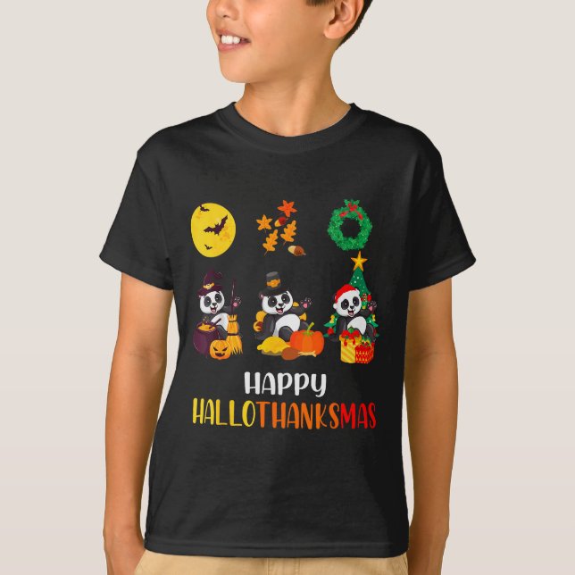 Panda Halloween Christmas Happy Hallothanksmas Pan T-Shirt (Front)