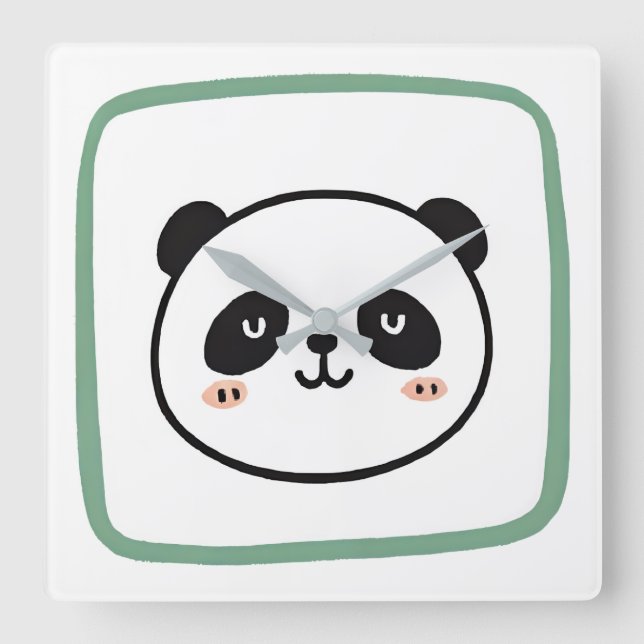 Panda head minimalist graphic icon square wall clock (Front)