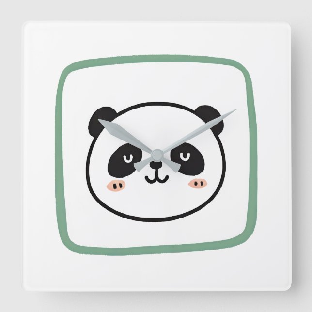 Panda head minimalist graphic icon square wall clock (Front)